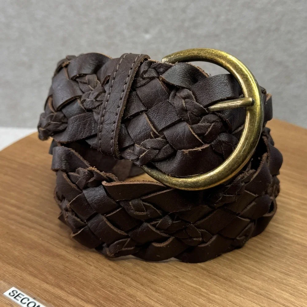 Faded Glory Braided Leather Belt Women‎ Dark Brown Brass Buckle Size S/M Y2K VTG